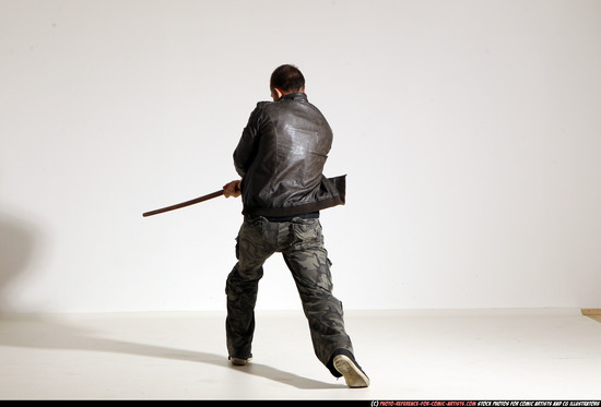 Man Adult Athletic White Fighting with sword Moving poses Casual