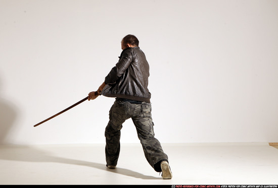 Man Adult Athletic White Fighting with sword Moving poses Casual