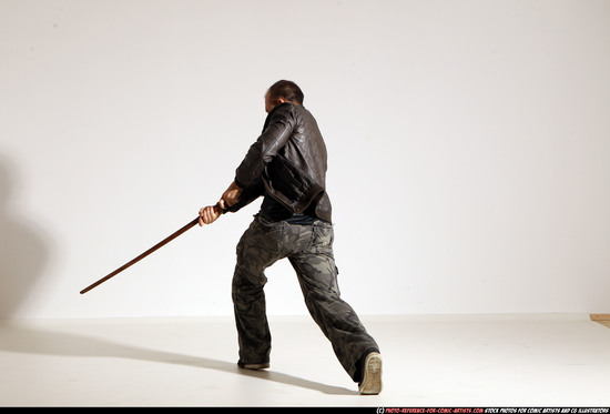 Man Adult Athletic White Fighting with sword Moving poses Casual