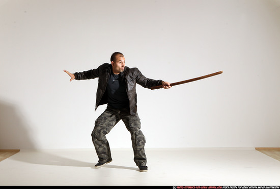 Man Adult Athletic White Fighting with sword Moving poses Casual