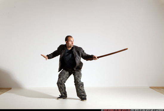 Man Adult Athletic White Fighting with sword Moving poses Casual