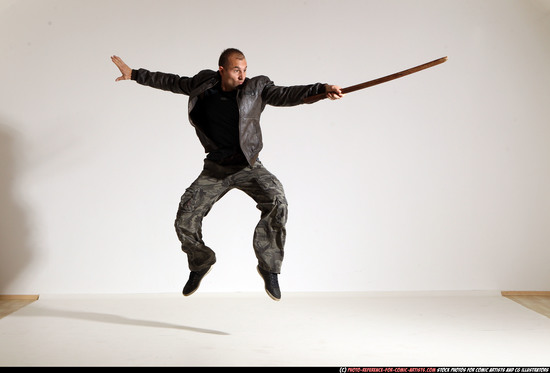 Man Adult Athletic White Fighting with sword Moving poses Casual