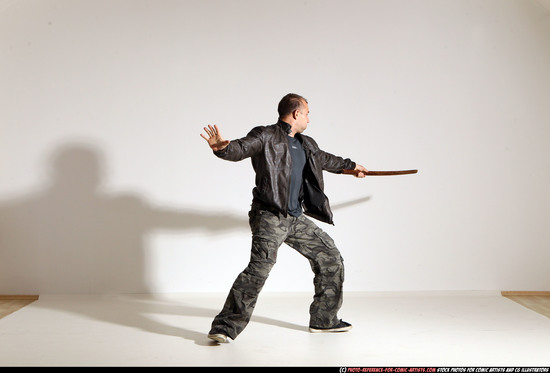 Man Adult Athletic White Fighting with sword Moving poses Casual