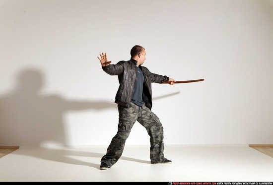 Man Adult Athletic White Fighting with sword Moving poses Casual