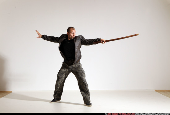 Man Adult Athletic White Fighting with sword Moving poses Casual