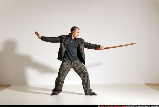 Man Adult Athletic White Fighting with sword Moving poses Casual