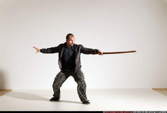 Man Adult Athletic White Fighting with sword Moving poses Casual