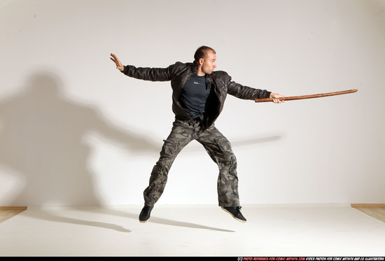 Man Adult Athletic White Fighting with sword Moving poses Casual