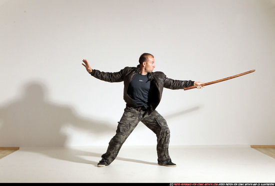 Man Adult Athletic White Fighting with sword Moving poses Casual