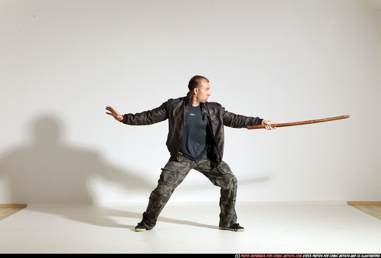 Man Adult Athletic White Fighting with sword Moving poses Casual