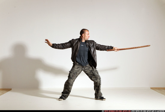 Man Adult Athletic White Fighting with sword Moving poses Casual