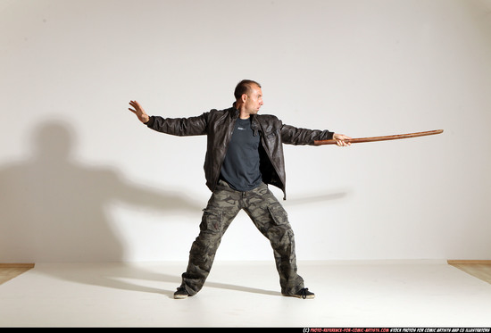 Man Adult Athletic White Fighting with sword Moving poses Casual