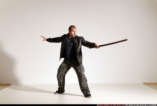 Man Adult Athletic White Fighting with sword Moving poses Casual