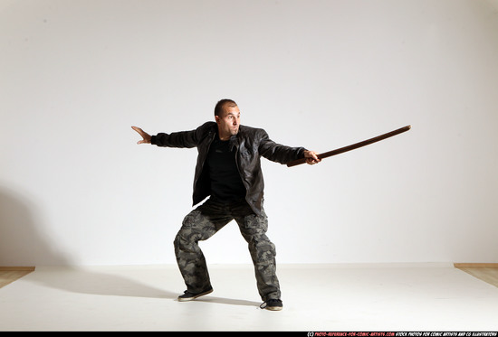 Man Adult Athletic White Fighting with sword Moving poses Casual