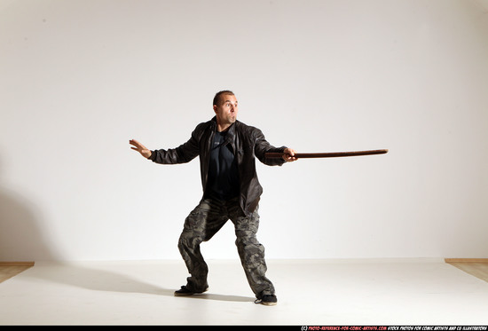 Man Adult Athletic White Fighting with sword Moving poses Casual