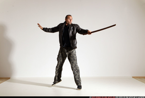 Man Adult Athletic White Fighting with sword Moving poses Casual