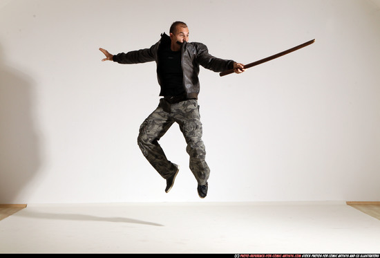 Man Adult Athletic White Fighting with sword Moving poses Casual