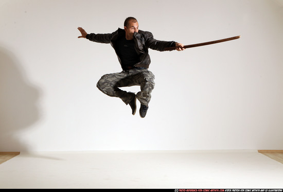 Man Adult Athletic White Fighting with sword Moving poses Casual