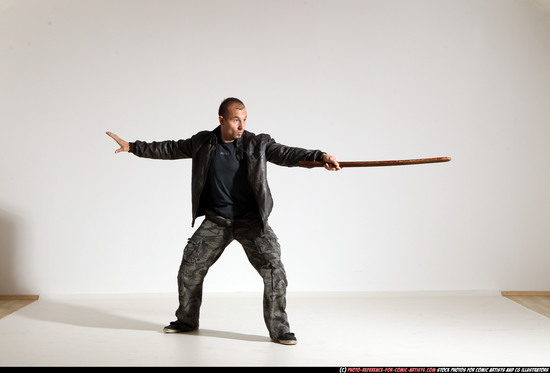 Man Adult Athletic White Fighting with sword Moving poses Casual