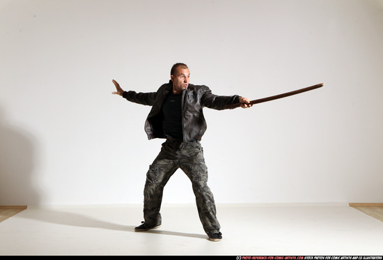 Man Adult Athletic White Fighting with sword Moving poses Casual