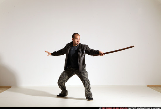 Man Adult Athletic White Fighting with sword Moving poses Casual