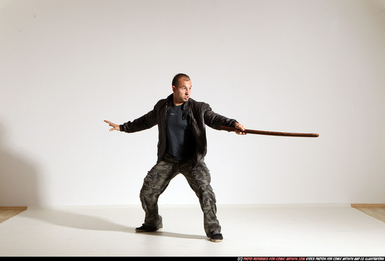 Man Adult Athletic White Fighting with sword Moving poses Casual