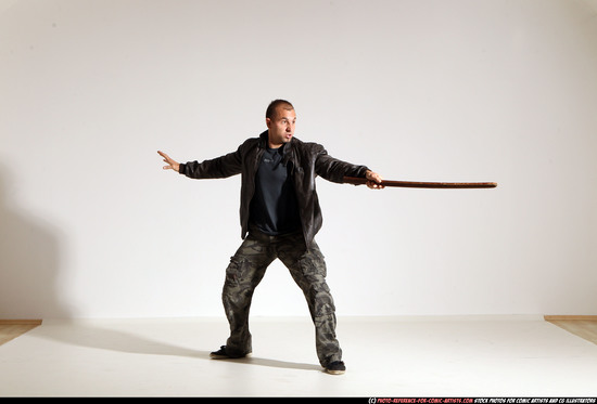 Man Adult Athletic White Fighting with sword Moving poses Casual