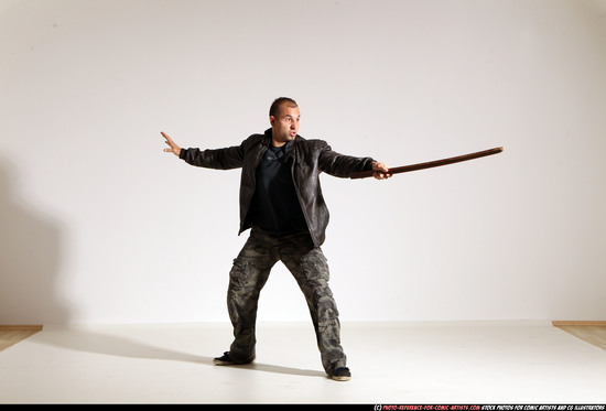 Man Adult Athletic White Fighting with sword Moving poses Casual