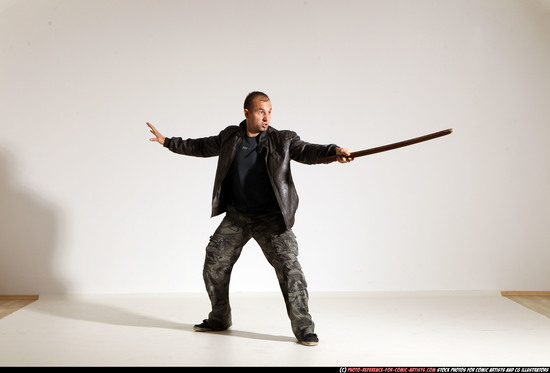 Man Adult Athletic White Fighting with sword Moving poses Casual