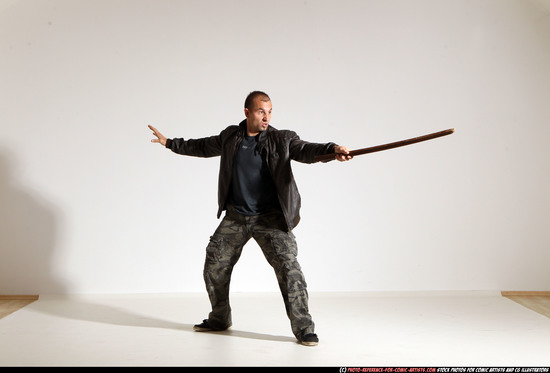 Man Adult Athletic White Fighting with sword Moving poses Casual