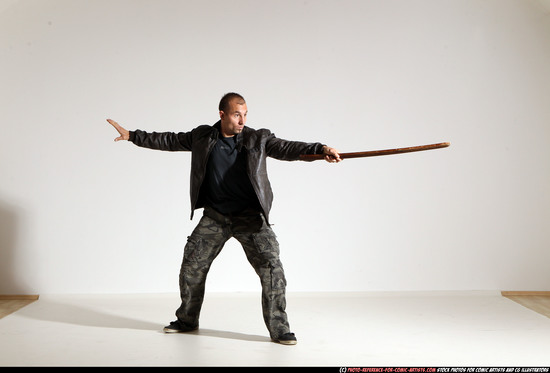 Man Adult Athletic White Fighting with sword Moving poses Casual