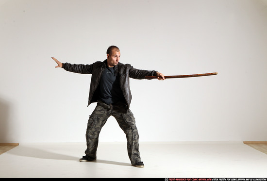 Man Adult Athletic White Fighting with sword Moving poses Casual