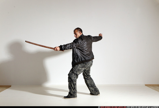 Man Adult Athletic White Fighting with sword Moving poses Casual