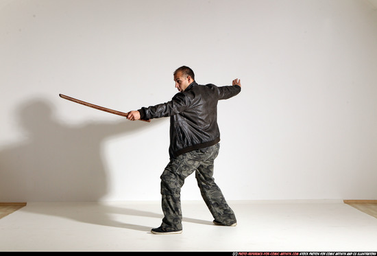 Man Adult Athletic White Fighting with sword Moving poses Casual