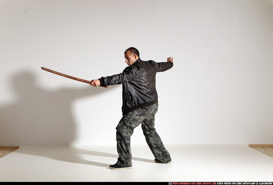 Man Adult Athletic White Fighting with sword Moving poses Casual