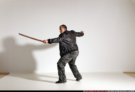 Man Adult Athletic White Fighting with sword Moving poses Casual