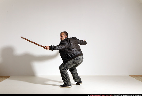 Man Adult Athletic White Fighting with sword Moving poses Casual