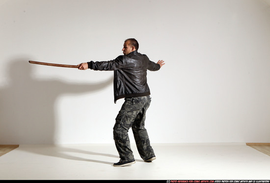 Man Adult Athletic White Fighting with sword Moving poses Casual