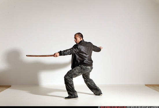 Man Adult Athletic White Fighting with sword Moving poses Casual