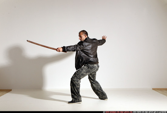 Man Adult Athletic White Fighting with sword Moving poses Casual