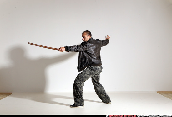 Man Adult Athletic White Fighting with sword Moving poses Casual