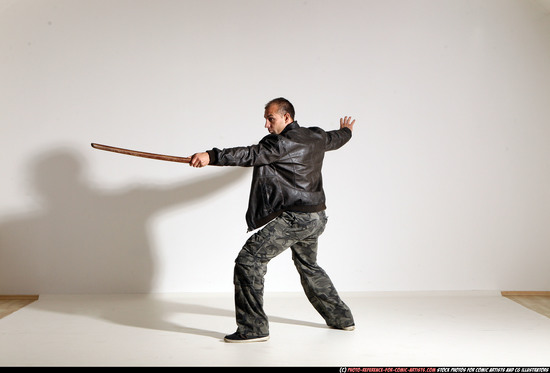 Man Adult Athletic White Fighting with sword Moving poses Casual