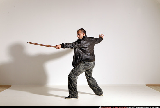 Man Adult Athletic White Fighting with sword Moving poses Casual