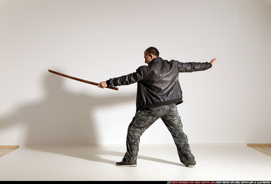 Man Adult Athletic White Fighting with sword Moving poses Casual