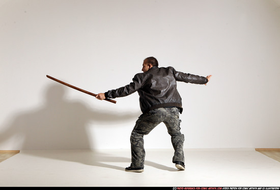 Man Adult Athletic White Fighting with sword Moving poses Casual