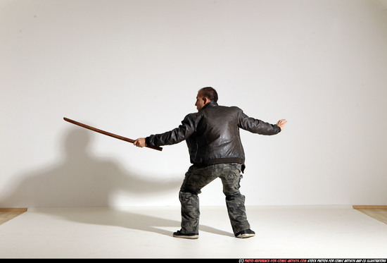 Man Adult Athletic White Fighting with sword Moving poses Casual