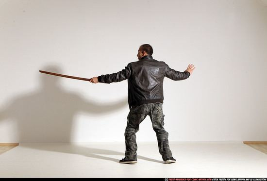 Man Adult Athletic White Fighting with sword Moving poses Casual