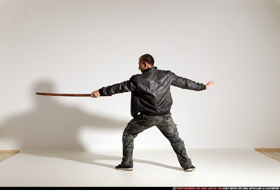 Man Adult Athletic White Fighting with sword Moving poses Casual