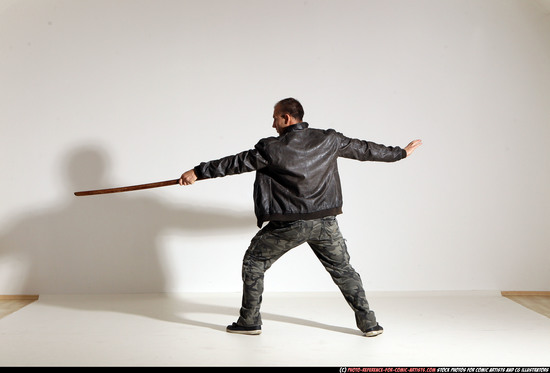 Man Adult Athletic White Fighting with sword Moving poses Casual