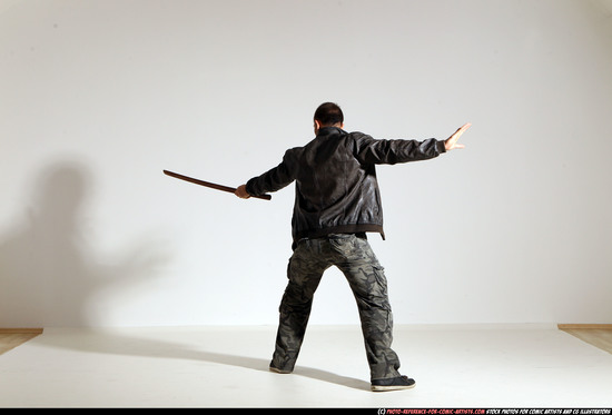 Man Adult Athletic White Fighting with sword Moving poses Casual